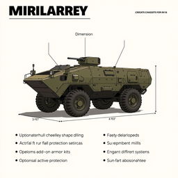 Create a detailed image of a military vehicle with a wheeled chassis (4x4 or 6x6), dimensions of 20 feet in length, 8 feet in width, and 8 feet in height