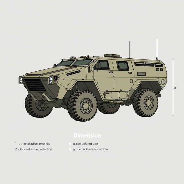 Create a detailed image of a military vehicle with a wheeled chassis (4x4 or 6x6), dimensions of 20 feet in length, 8 feet in width, and 8 feet in height