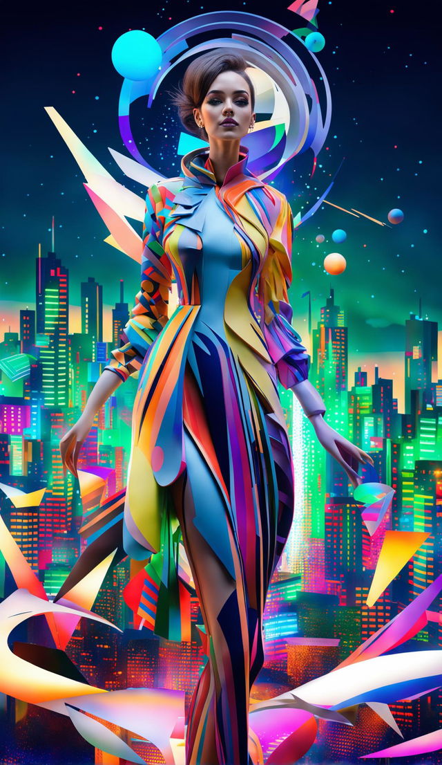 Energetic woman in vibrant outfit amidst 3D elements and surreal backdrop.