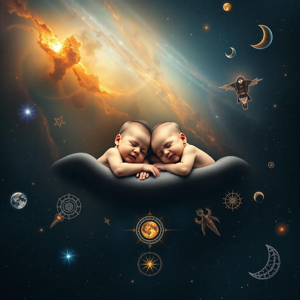 A cosmic background depicting the cycle of life with two infants sleeping peacefully at the center