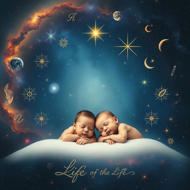 A cosmic background depicting the cycle of life with two infants sleeping peacefully at the center