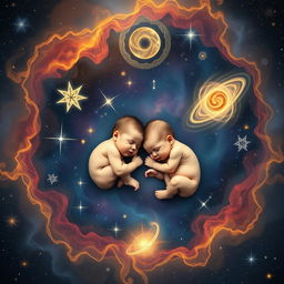 A cosmic background depicting the cycle of life with two infants sleeping peacefully at the center