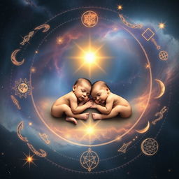 A cosmic background depicting the cycle of life with two infants sleeping peacefully at the center