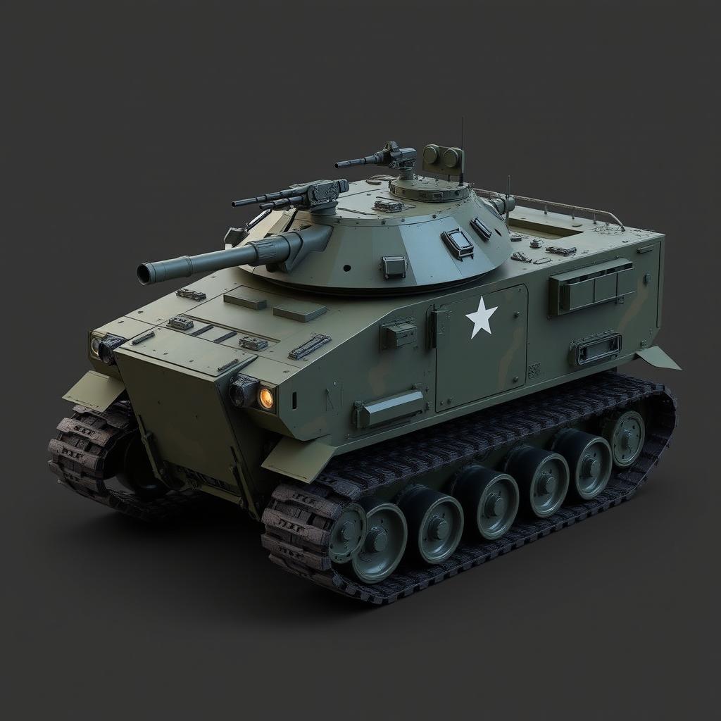 Create a detailed image of a military vehicle with a tracked chassis, a remote-controlled weapons station, modular weapon mounts, and a hull made of welded steel and composite materials