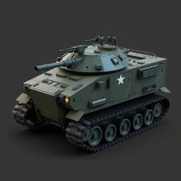 Create a detailed image of a military vehicle with a tracked chassis, a remote-controlled weapons station, modular weapon mounts, and a hull made of welded steel and composite materials