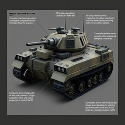 Create a detailed image of a military vehicle with a tracked chassis, a remote-controlled weapons station, modular weapon mounts, and a hull made of welded steel and composite materials