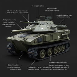 Create a detailed image of a military vehicle with a tracked chassis, a remote-controlled weapons station, modular weapon mounts, and a hull made of welded steel and composite materials