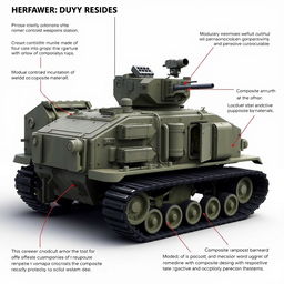 Create a detailed image of a military vehicle with a tracked chassis, a remote-controlled weapons station, modular weapon mounts, and a hull made of welded steel and composite materials