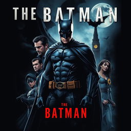 Create a detailed and dramatic movie poster for 'The Batman' based on the original story, Batman: Broken City, and Batman: The Long Halloween
