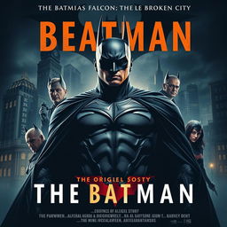 Create a detailed and dramatic movie poster for 'The Batman' based on the original story, Batman: Broken City, and Batman: The Long Halloween