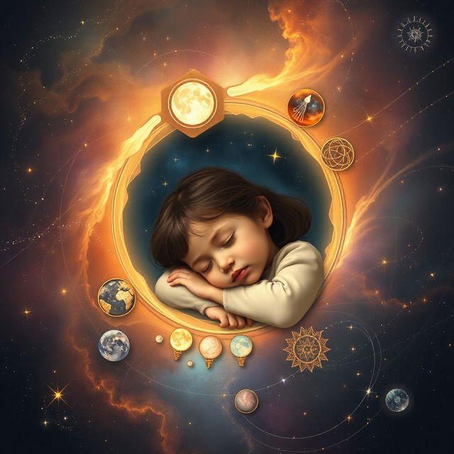 A cosmic background depicting the cycle of life with a five-year-old girl sleeping peacefully at the center