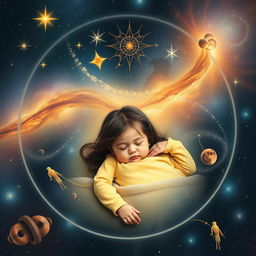 A cosmic background depicting the cycle of life with a five-year-old girl sleeping peacefully at the center