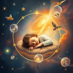 A cosmic background depicting the cycle of life with a five-year-old girl sleeping peacefully at the center