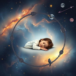 A cosmic background depicting the cycle of life with a five-year-old girl sleeping peacefully at the center