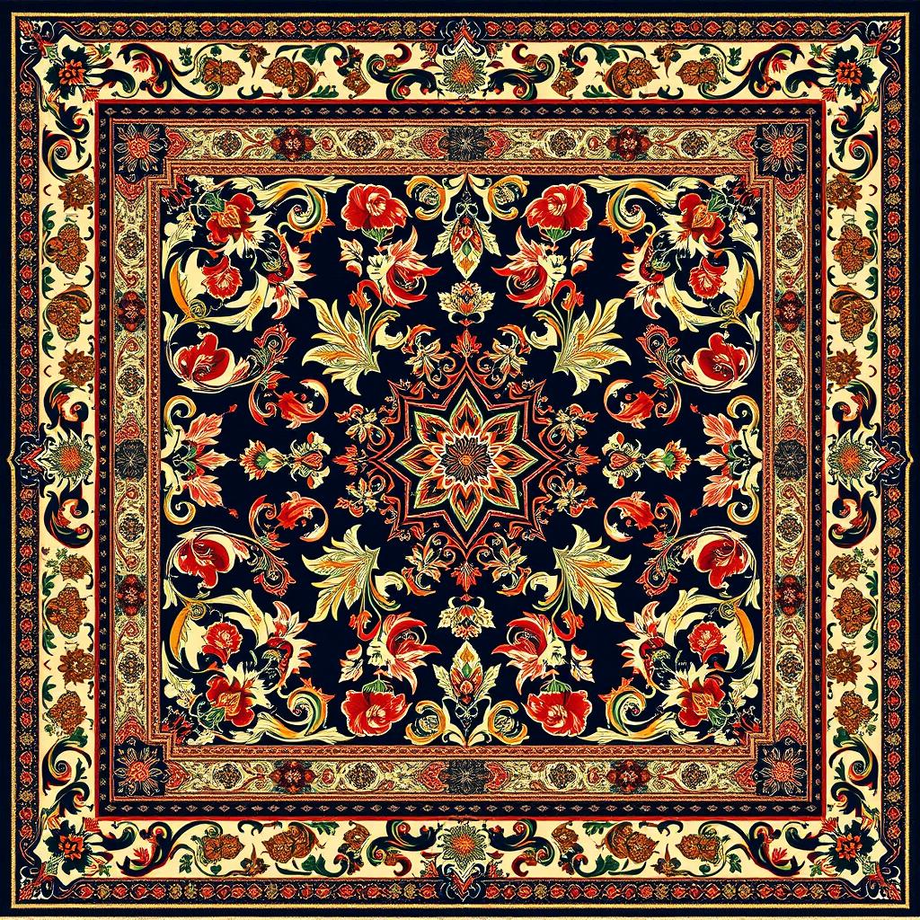 A beautifully intricate carpet design featuring traditional patterns and vibrant colors