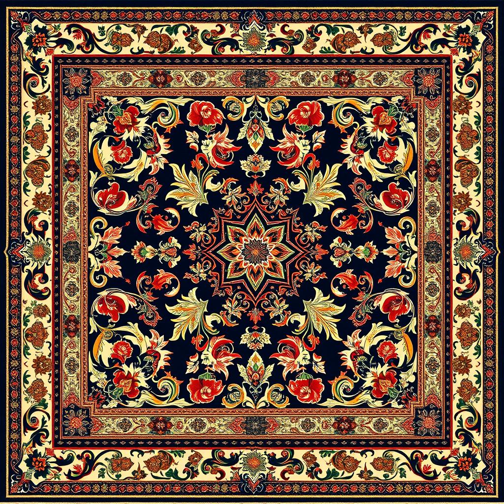 A beautifully intricate carpet design featuring traditional patterns and vibrant colors