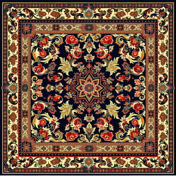A beautifully intricate carpet design featuring traditional patterns and vibrant colors