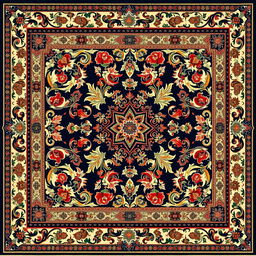 A beautifully intricate carpet design featuring traditional patterns and vibrant colors