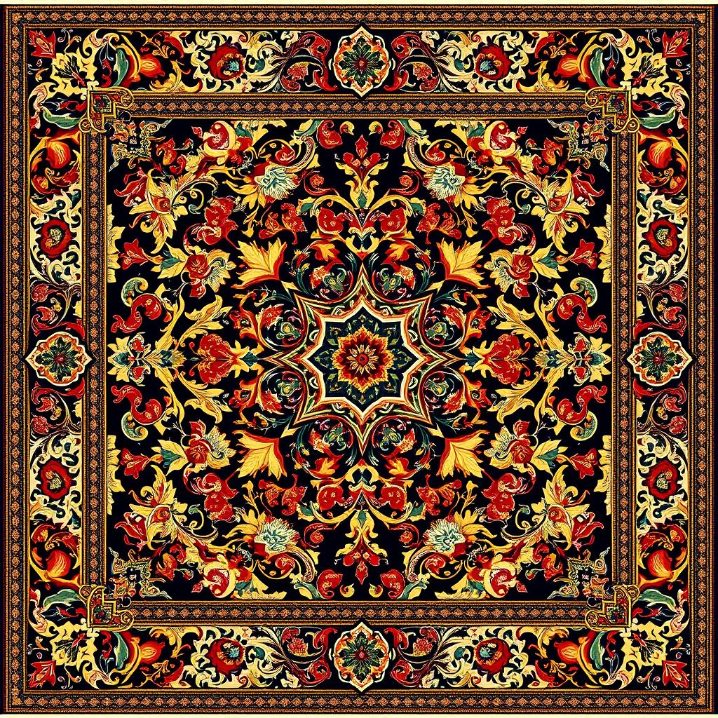 A beautifully intricate carpet design featuring traditional patterns and vibrant colors