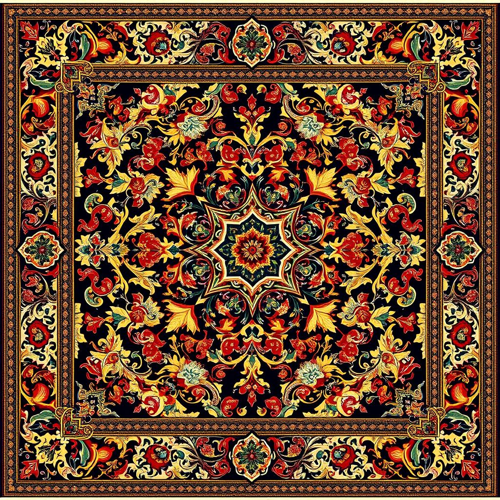 A beautifully intricate carpet design featuring traditional patterns and vibrant colors