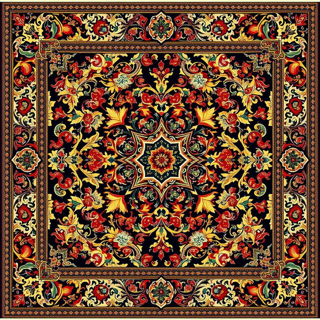 A beautifully intricate carpet design featuring traditional patterns and vibrant colors