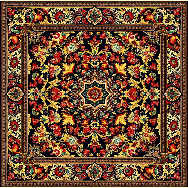 A beautifully intricate carpet design featuring traditional patterns and vibrant colors