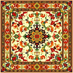 A beautifully intricate carpet design featuring traditional patterns and vibrant colors