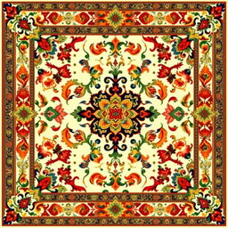 A beautifully intricate carpet design featuring traditional patterns and vibrant colors