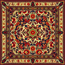 A beautifully intricate carpet design featuring traditional patterns and vibrant colors