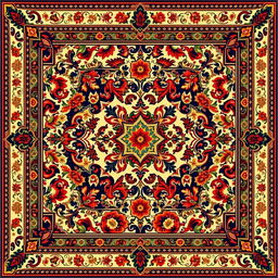 A beautifully intricate carpet design featuring traditional patterns and vibrant colors