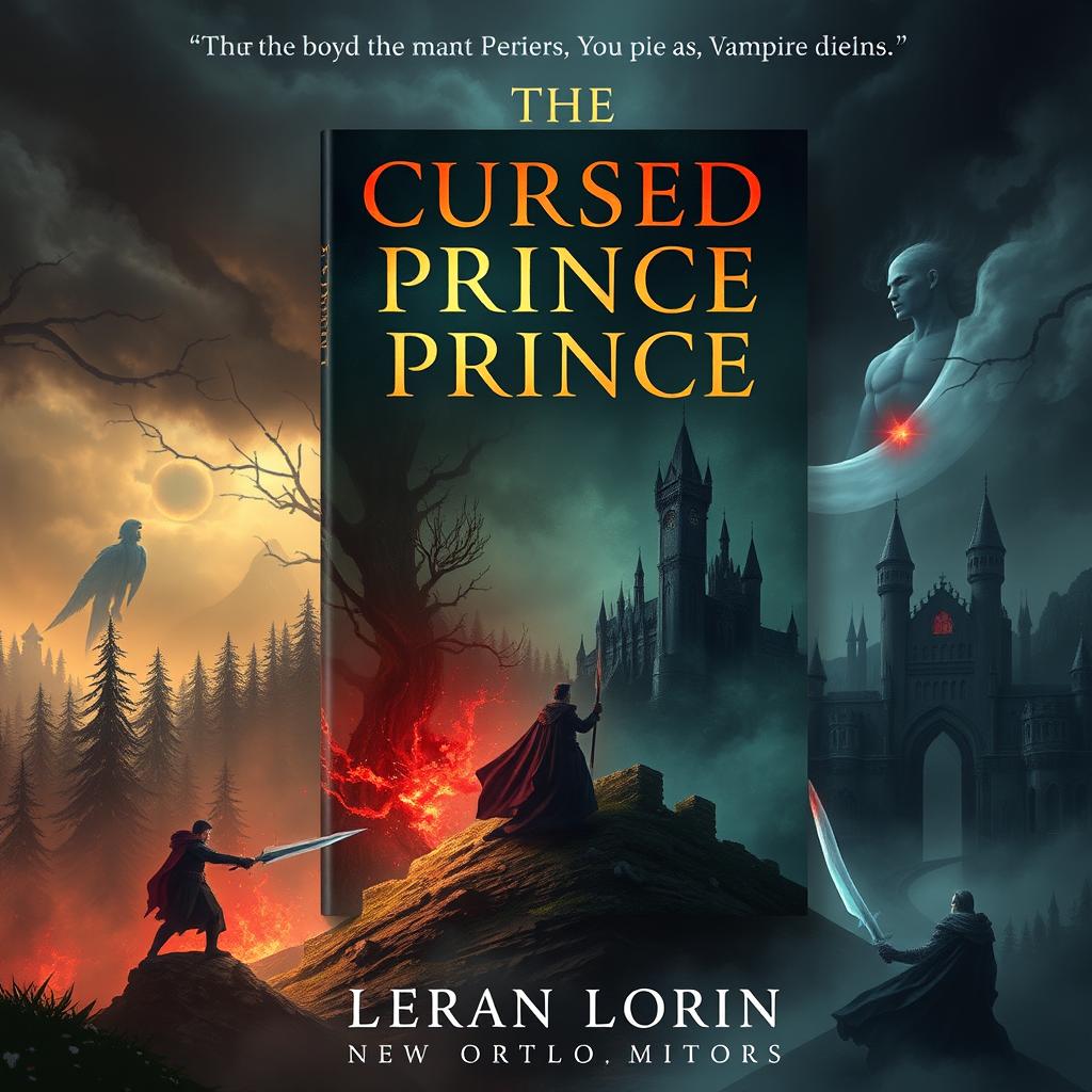 Create a book cover titled 'The Cursed Prince' featuring a war that involves magic and mana