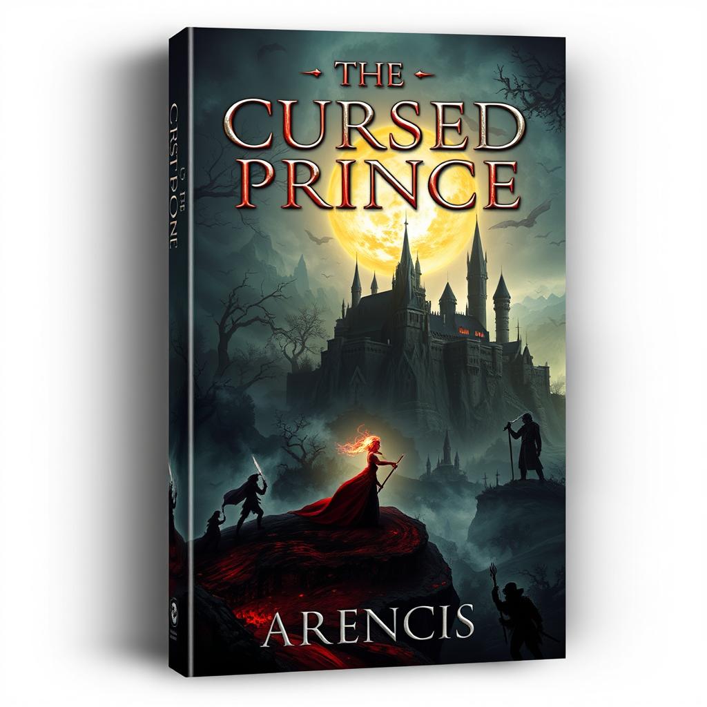 Create a book cover titled 'The Cursed Prince' featuring a war that involves magic and mana