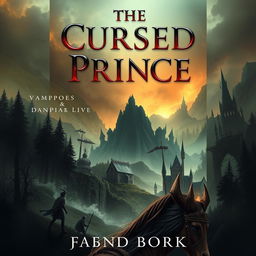 Create a book cover titled 'The Cursed Prince' featuring a war that involves magic and mana