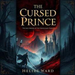 Create a book cover titled 'The Cursed Prince' featuring a war that involves magic and mana