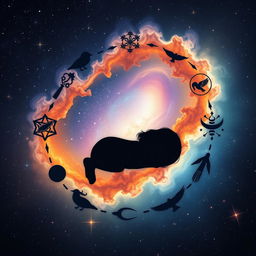 A cosmic background depicting the cycle of life with the silhouette of a five-year-old girl sleeping peacefully at the center