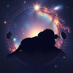 A cosmic background depicting the cycle of life with the silhouette of a five-year-old girl sleeping peacefully at the center