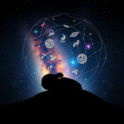 A cosmic background depicting the cycle of life with the silhouette of a five-year-old girl sleeping peacefully at the center