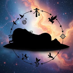 A cosmic background depicting the cycle of life with the silhouette of a five-year-old girl sleeping peacefully at the center