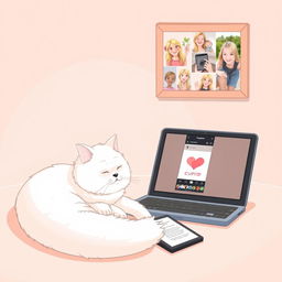 A delicate illustration in pastel tones featuring a laptop and tablet with a romantic Instagram page of Cupid open