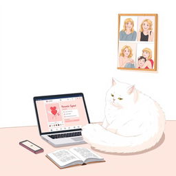 A delicate illustration in pastel tones featuring a laptop and tablet with a romantic Instagram page of Cupid open