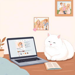 A delicate illustration in pastel tones featuring a laptop and tablet with a romantic Instagram page of Cupid open