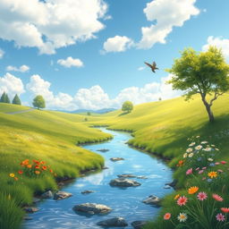 Create an image that depicts a serene landscape with a clear blue sky, lush green meadows, and a gentle river flowing through the scene