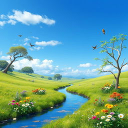 Create an image that depicts a serene landscape with a clear blue sky, lush green meadows, and a gentle river flowing through the scene