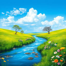 Create an image that depicts a serene landscape with a clear blue sky, lush green meadows, and a gentle river flowing through the scene