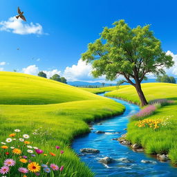 Create an image that depicts a serene landscape with a clear blue sky, lush green meadows, and a gentle river flowing through the scene