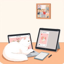 A delicate illustration in pastel tones featuring a laptop and tablet with a romantic Instagram page of Cupid open