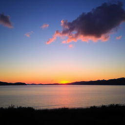 A serene landscape featuring a beautiful sunset over a calm lake, with mountains in the background and a few scattered clouds in the sky