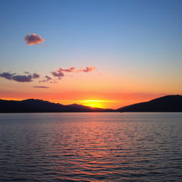 A serene landscape featuring a beautiful sunset over a calm lake, with mountains in the background and a few scattered clouds in the sky