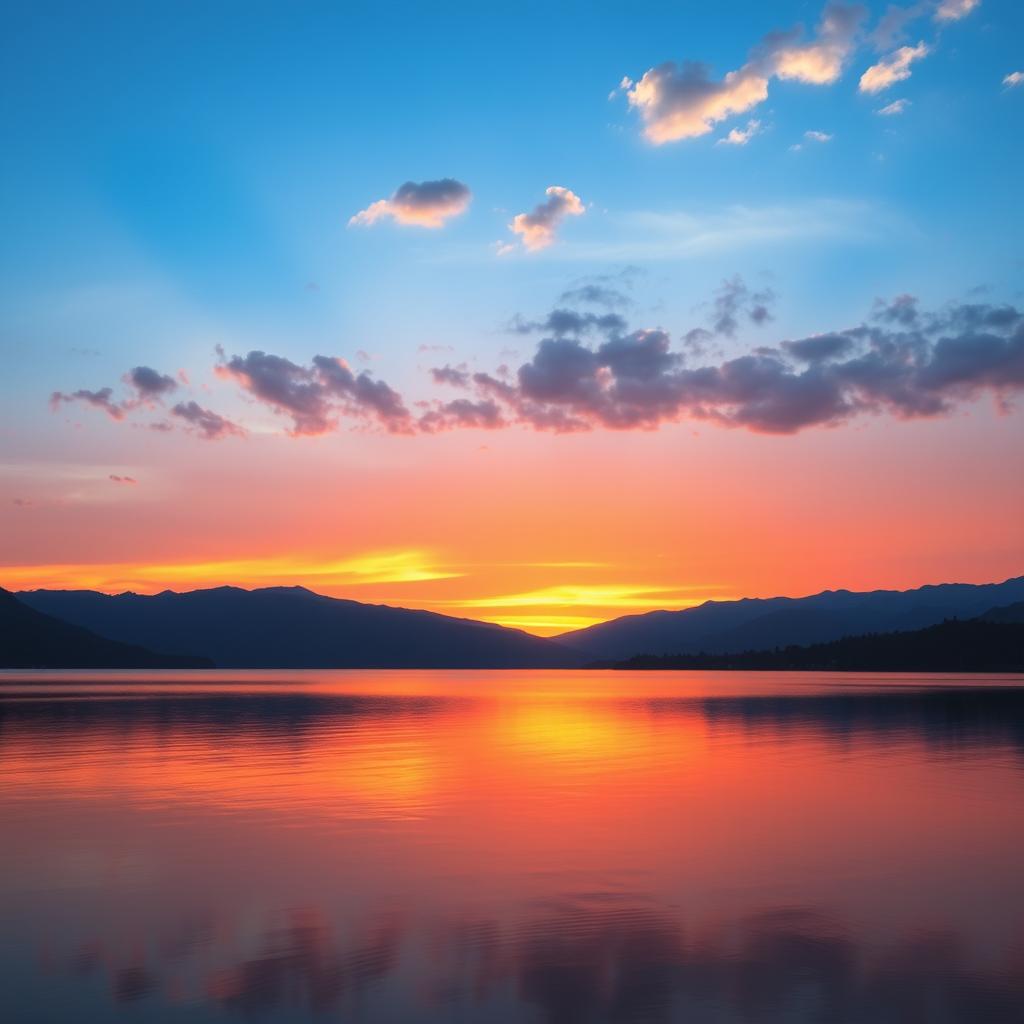 A serene landscape featuring a beautiful sunset over a calm lake, with mountains in the background and a few scattered clouds in the sky