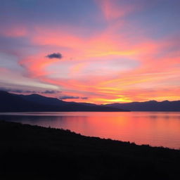 A serene landscape featuring a beautiful sunset over a calm lake, with mountains in the background and a few scattered clouds in the sky